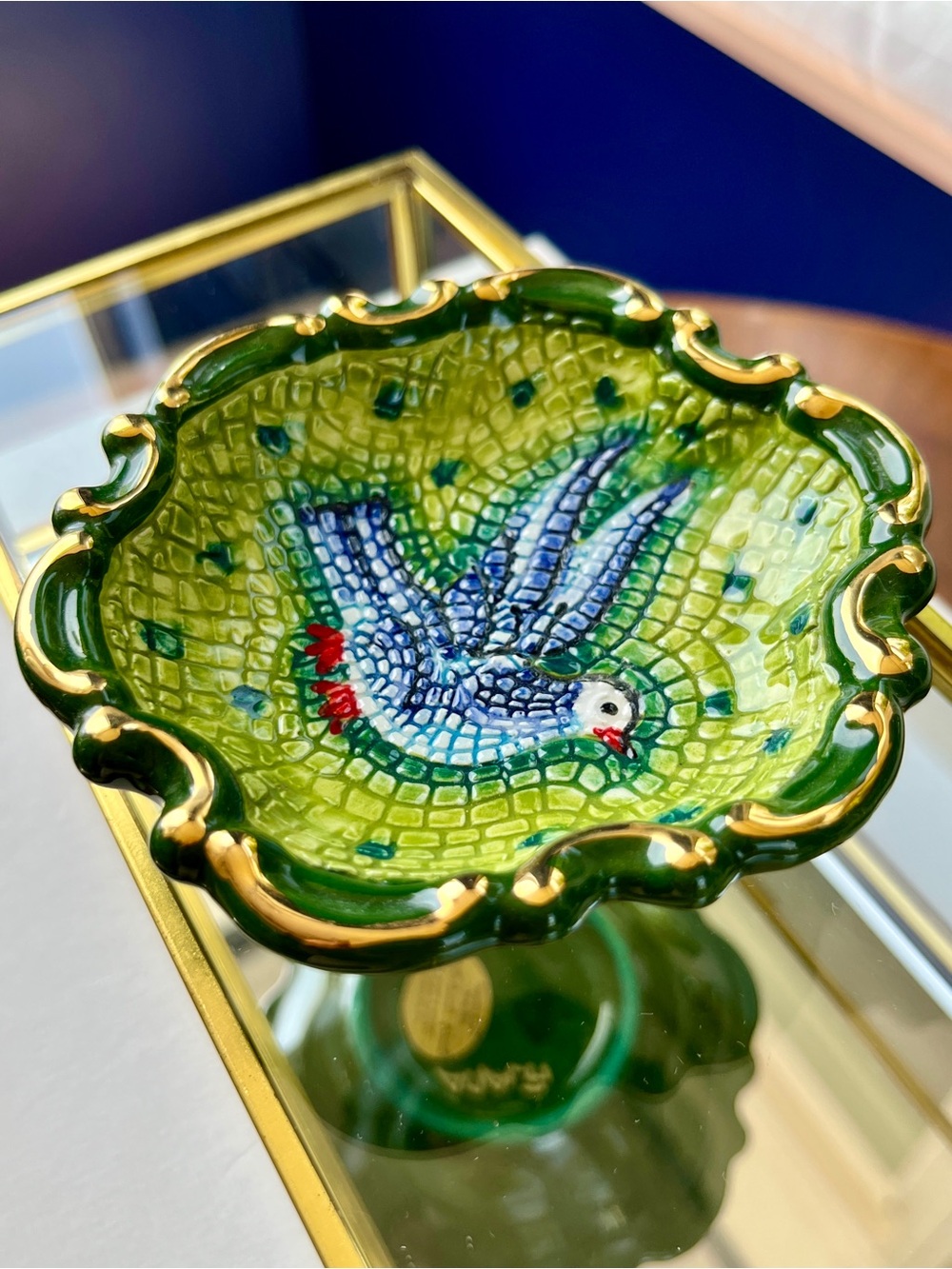 🕊️Italian Hand-Painted Ceramic Trinket Dish w/ 24K Gold Border